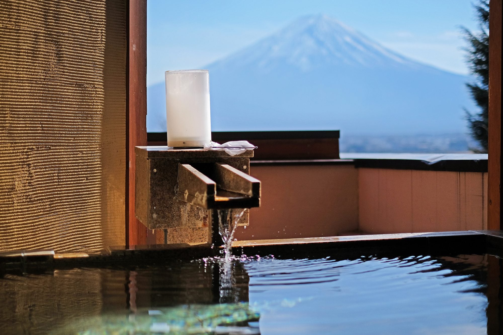 Open-air bath overlooking Mt. Fuji